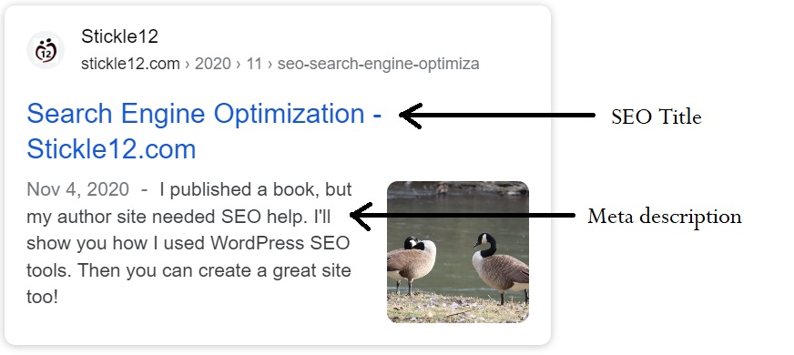 Meta description for blog post Search Engine Optimization as shown on Google